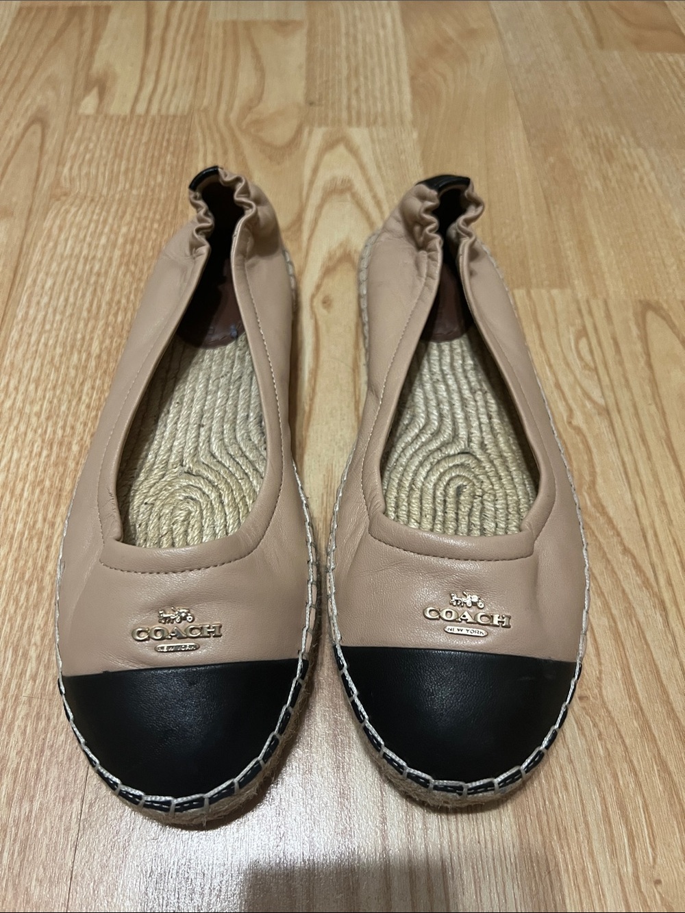 COACH Beige and Black Leather Espadrille Flats with Logo